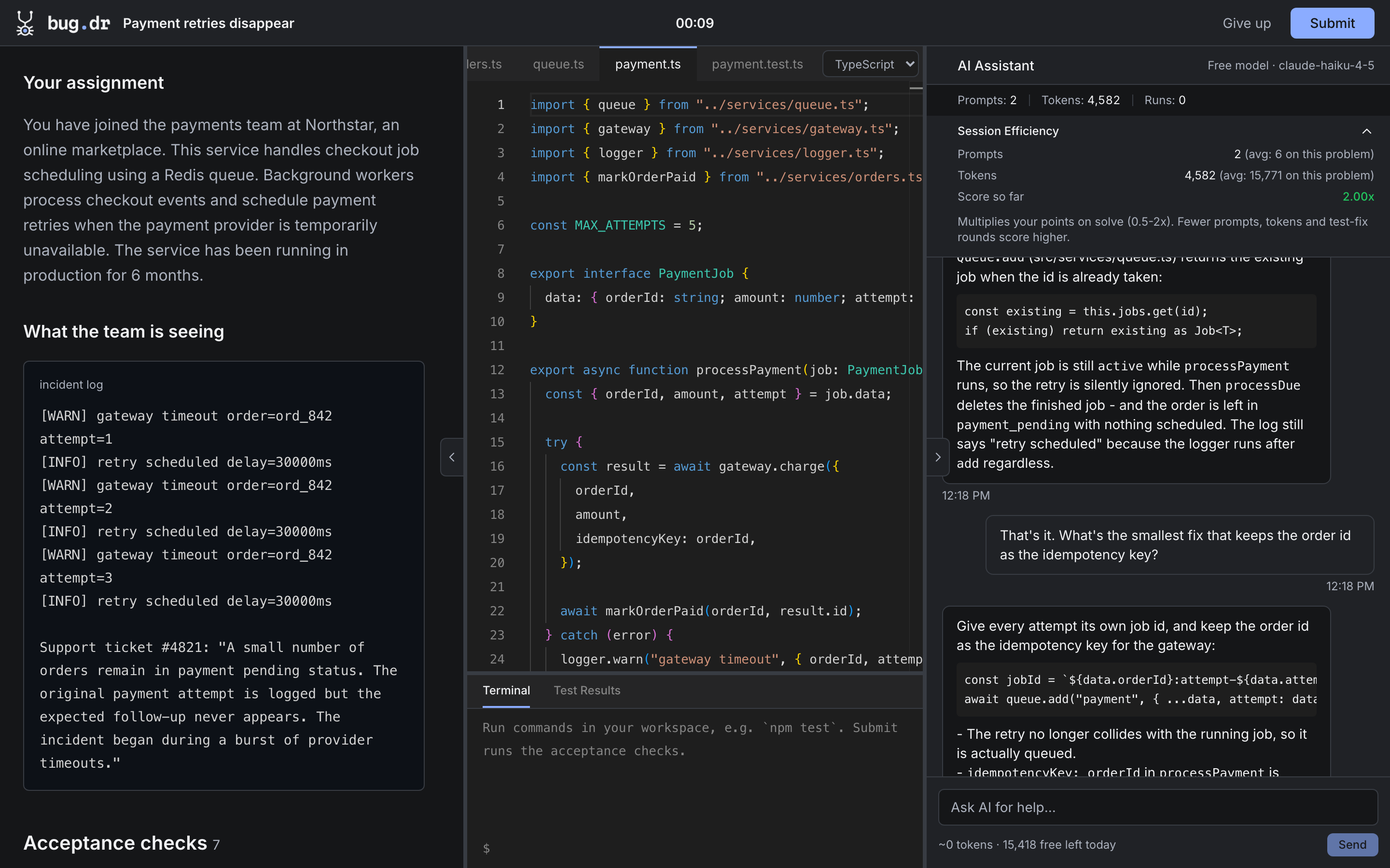 bug.dr workspace showing the editor, terminal and AI assistant